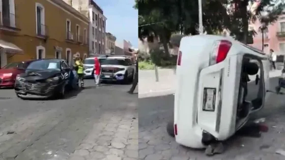 APARATOSO CHOQUE Y VOLCADURA EN EL CENTRO HISTÓRICO DE PUEBLA DEJA DOS LESIONADOS TRAS IGNORAR LUZ ROJA