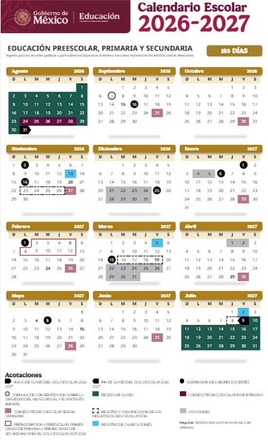 Revela la SEP el calendario de días de descanso, puentes y vacaciones para el ciclo escolar 2026-2027 en educación básica